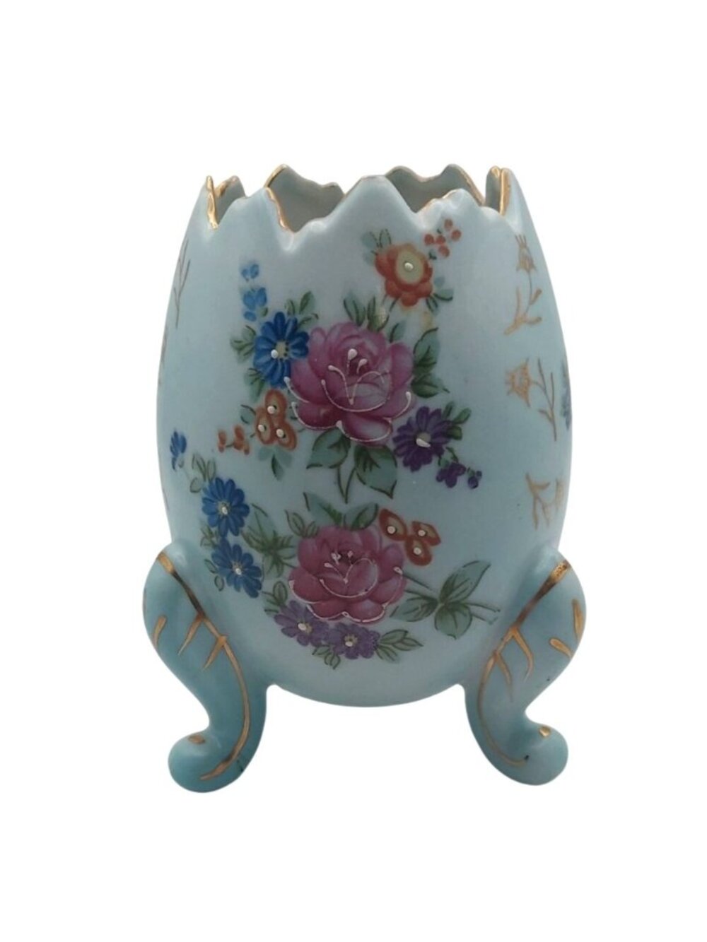 Vintage MCM Ardco Japanese Porcelain Floral Cracked Egg Footed Vase Gold Trim